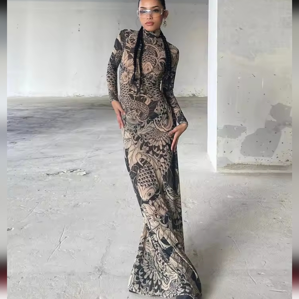 Maxi Dress Turtleneck Full Sleeve Bodycon - Picture 6 of 6